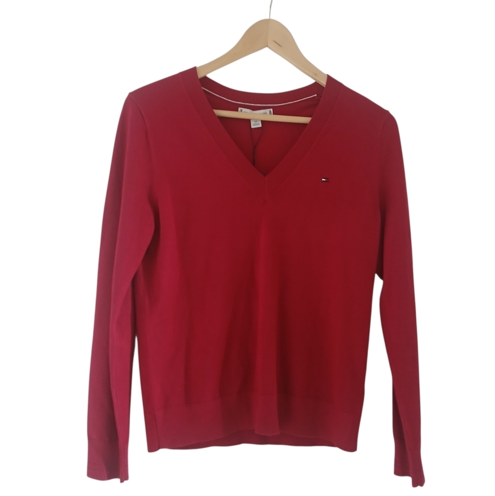 Tommy Hilfiger Red V-Neck Knit Pullover Classic Logo S/P - Picture 2 of 11